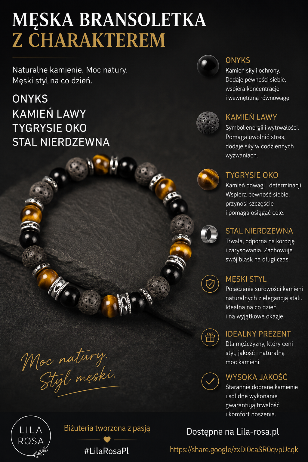🖤🐯 Męska bransoletka – Onyks, Kamień Lawy & Tygrysie Oko