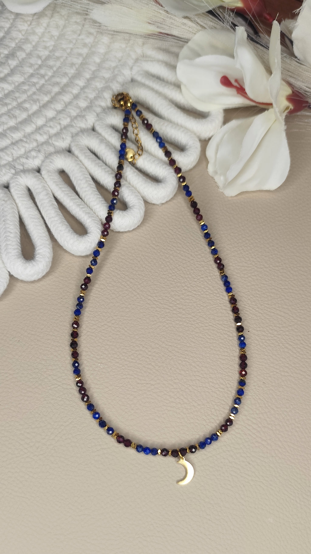 🌙 Naszyjnik Lapis Lazuli & Granat „Księżyc”