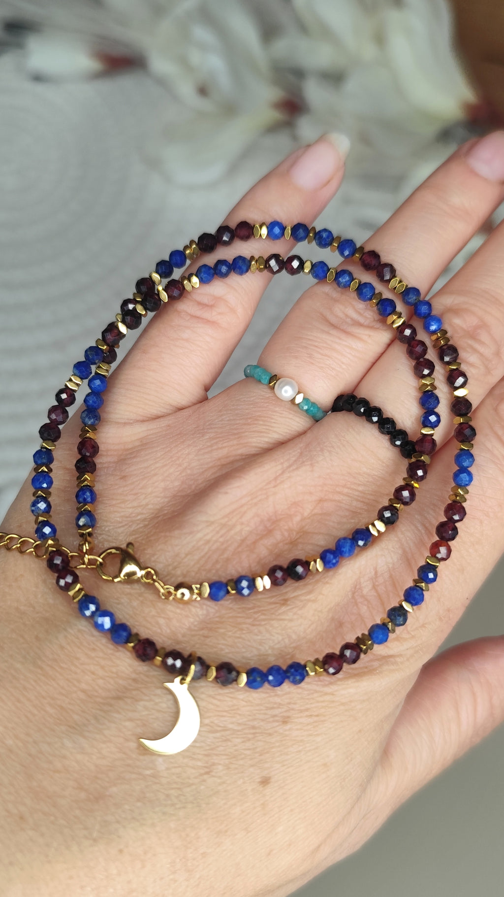 🌙 Naszyjnik Lapis Lazuli & Granat „Księżyc”
