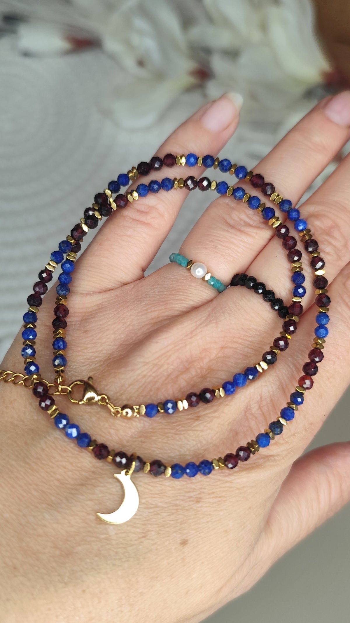 🌙 Naszyjnik Lapis Lazuli & Granat „Księżyc”